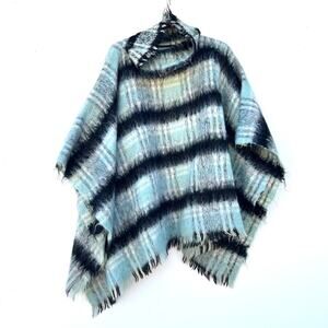 Falabella Chilean Mohair Knit Oversized Poncho Sweater Teal Black Turtleneck